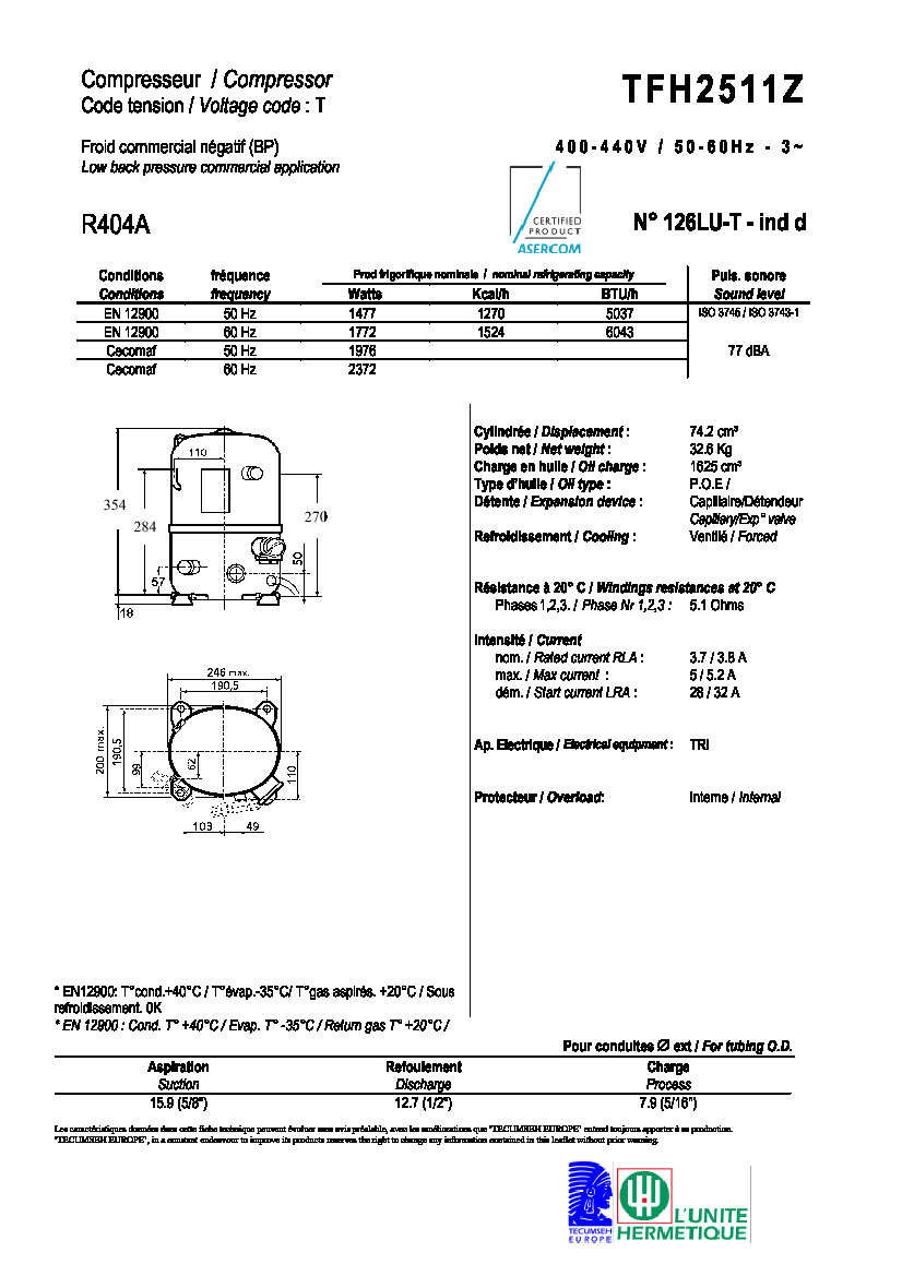 Технические характеристики и размеры компрессора Tecumseh TFH2511Z
