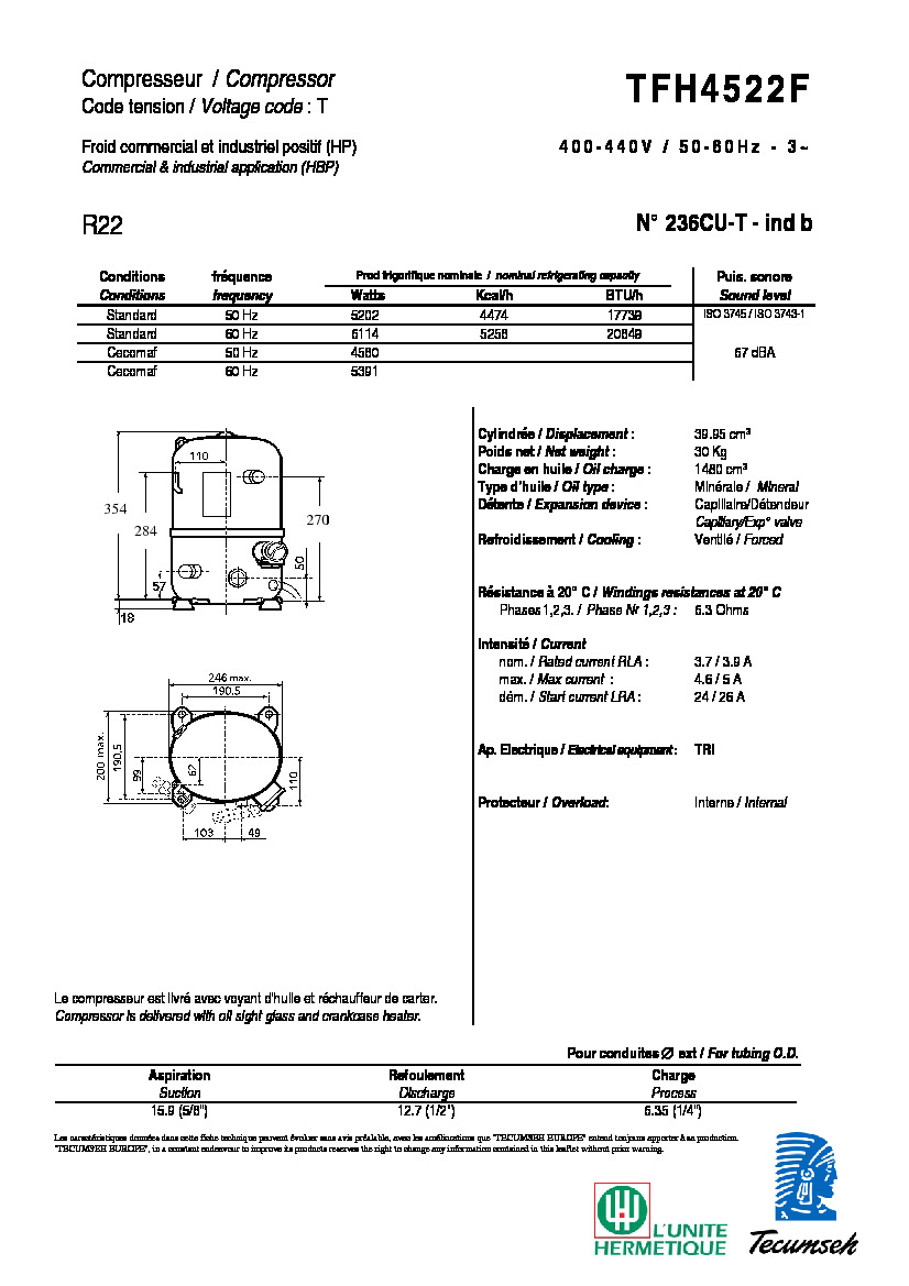 Технические характеристики и размеры компрессора Tecumseh TFH4522F