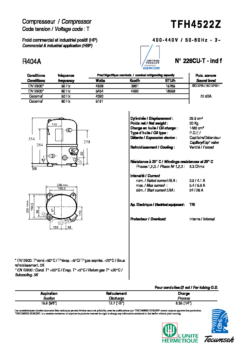 Технические характеристики и размеры компрессора Tecumseh  TFH4522Z