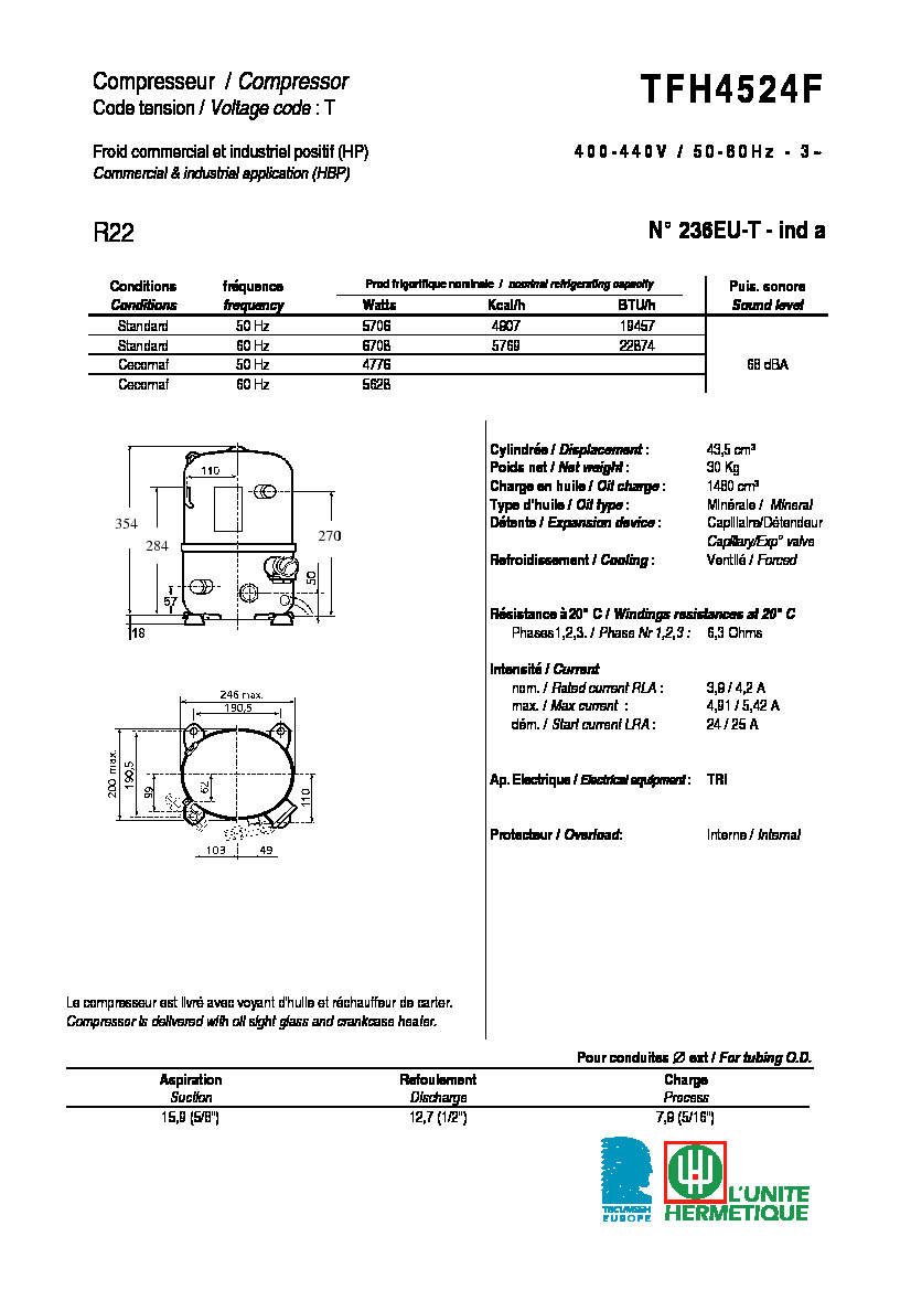 Технические характеристики и размеры компрессора Tecumseh TFH4524F