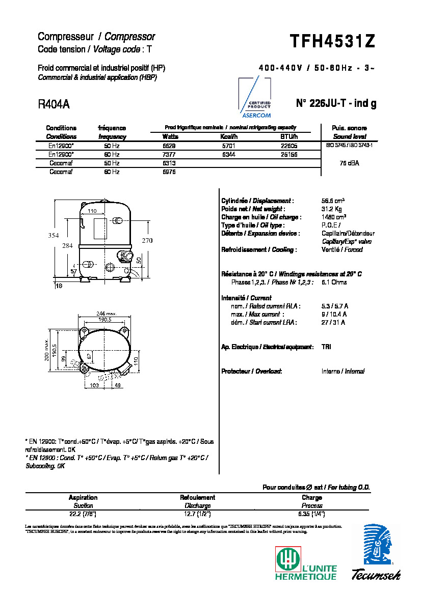 Технические характеристики и размеры компрессора Tecumseh  TFH4531Z