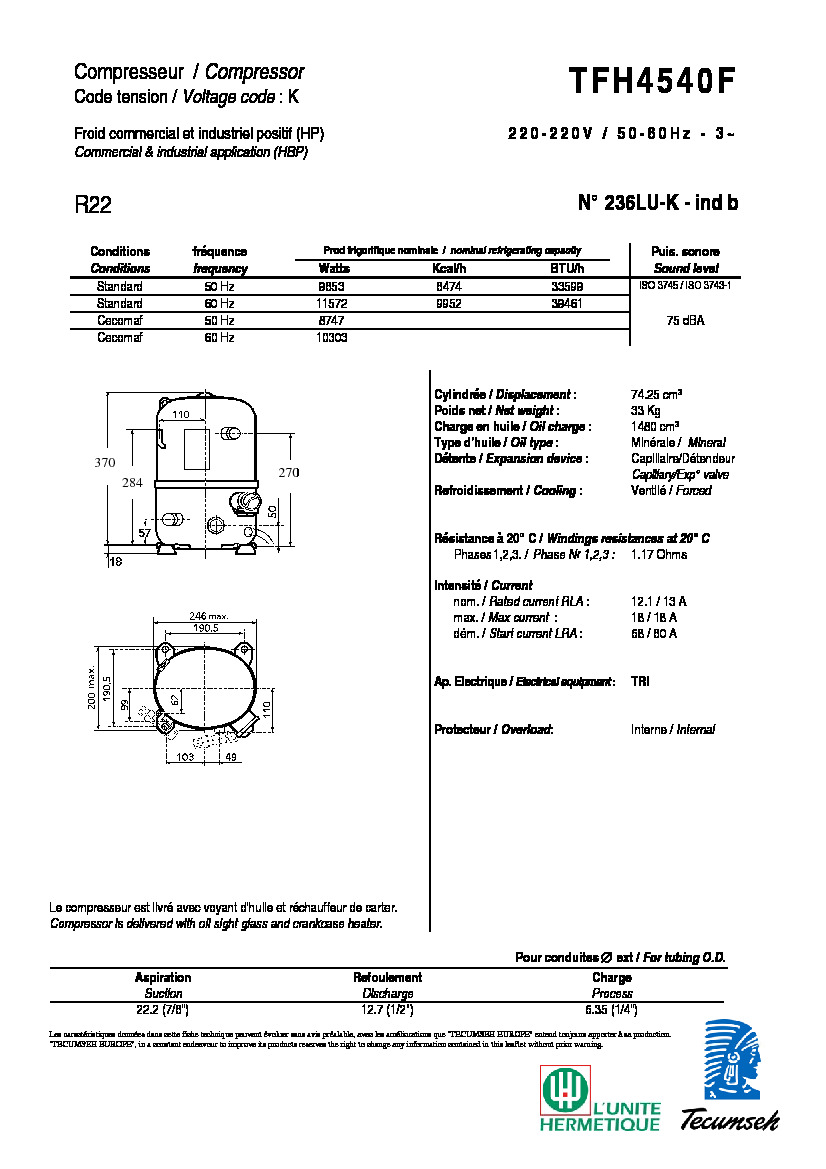 Технические характеристики и размеры компрессора Tecumseh TFH4540F