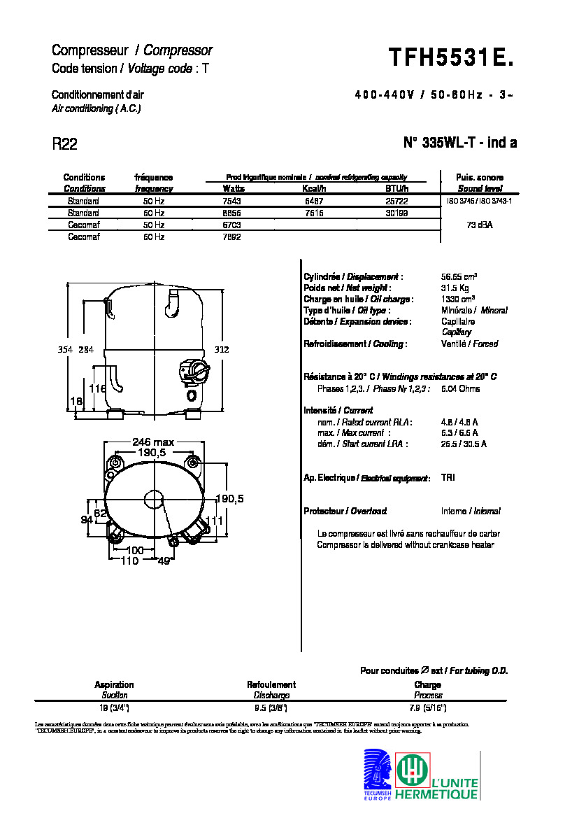Технические характеристики и размеры компрессора Tecumseh TFH5531E