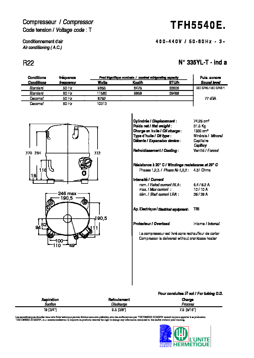 Технические характеристики и размеры компрессора Tecumseh TFH5540E