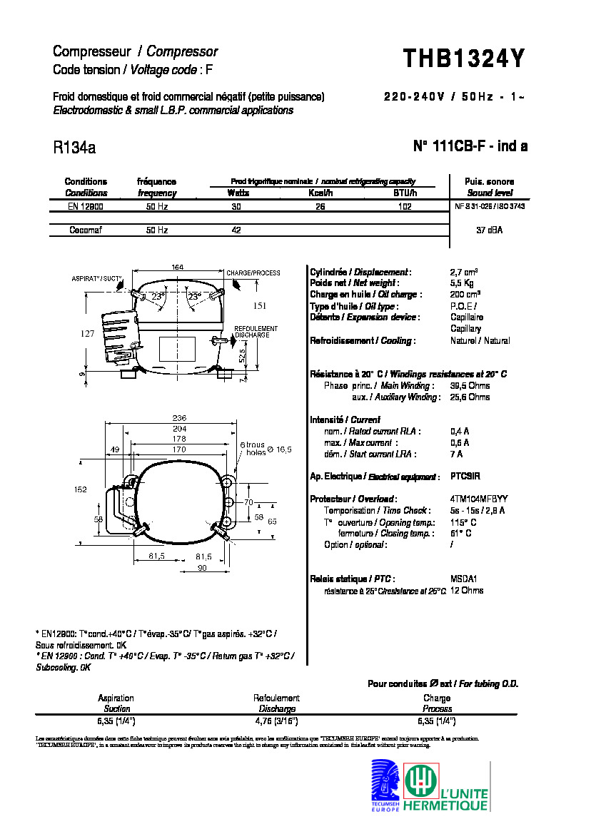 Технические характеристики и размеры компрессора Tecumseh THB1324Y