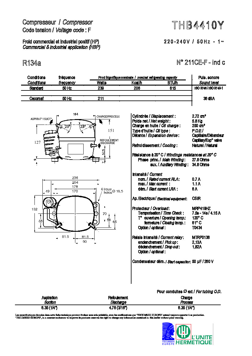 Технические характеристики и размеры компрессора Tecumseh THB4410Y