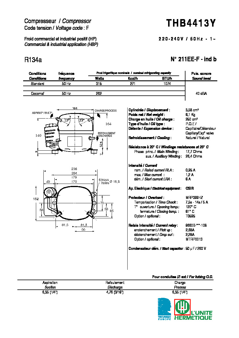 Технические характеристики и размеры компрессора Tecumseh THB4413Y