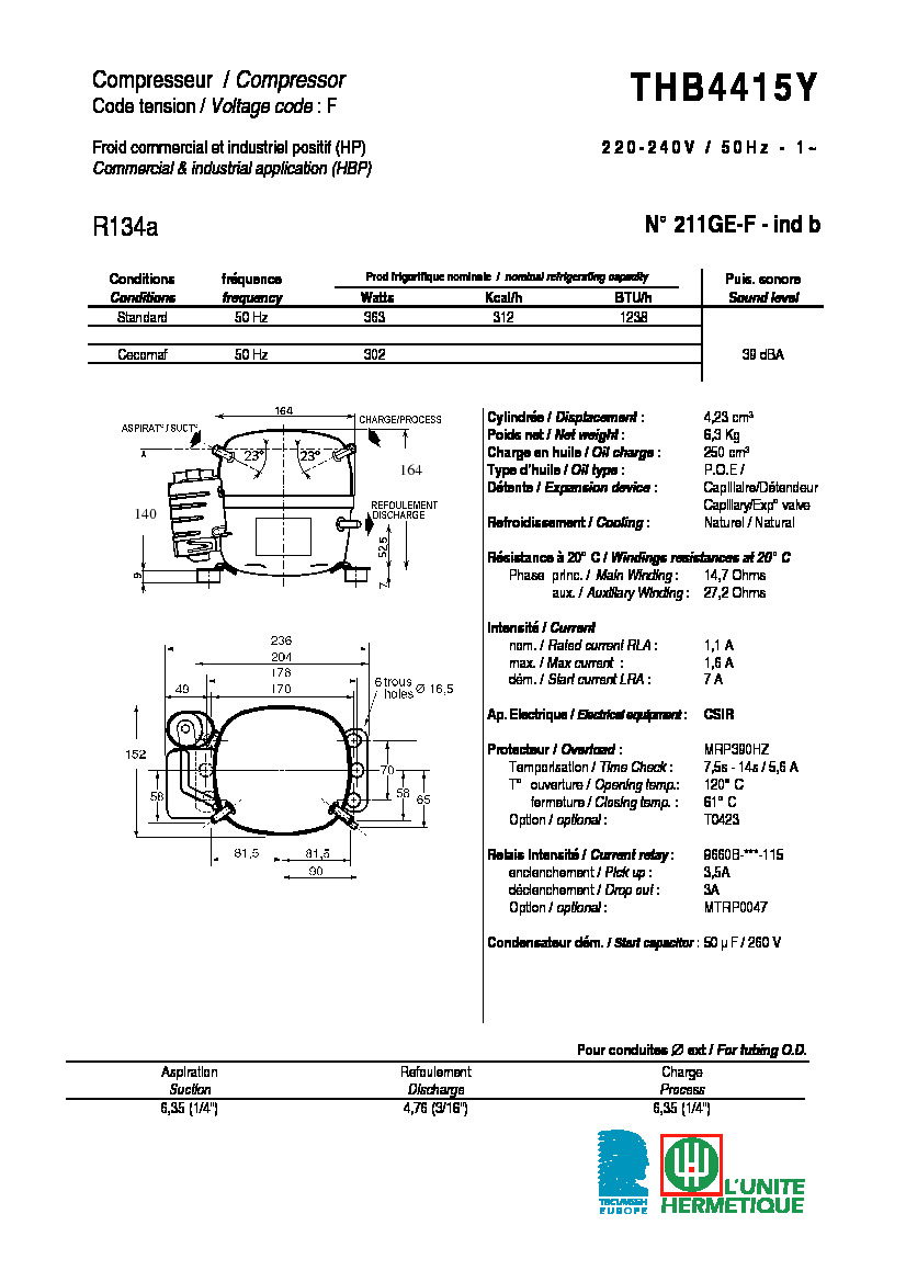Технические характеристики и размеры компрессора Tecumseh THB4415Y