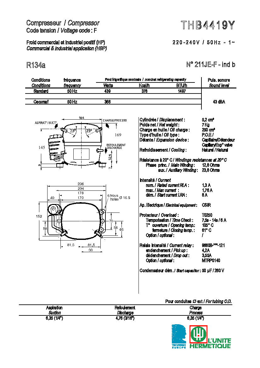 Технические характеристики и размеры компрессора Tecumseh THB4419Y