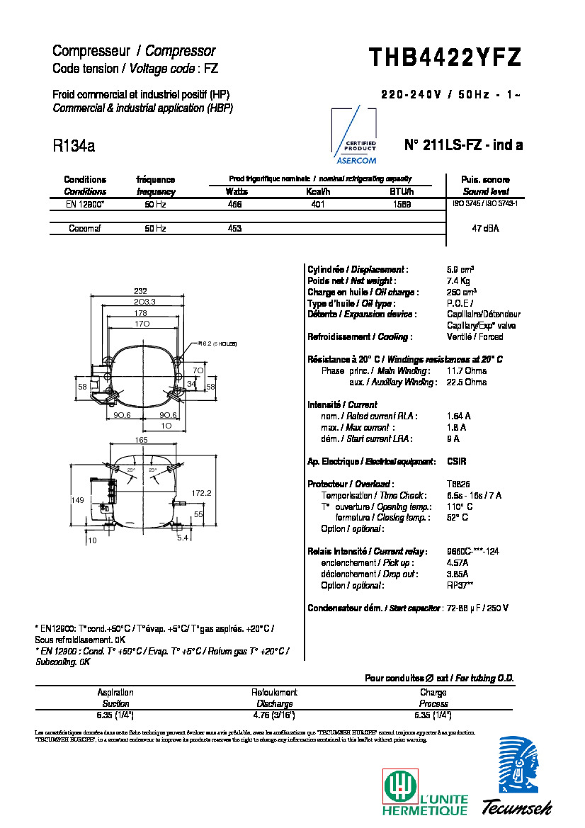 Технические характеристики и размеры компрессора Tecumseh THB4422Y