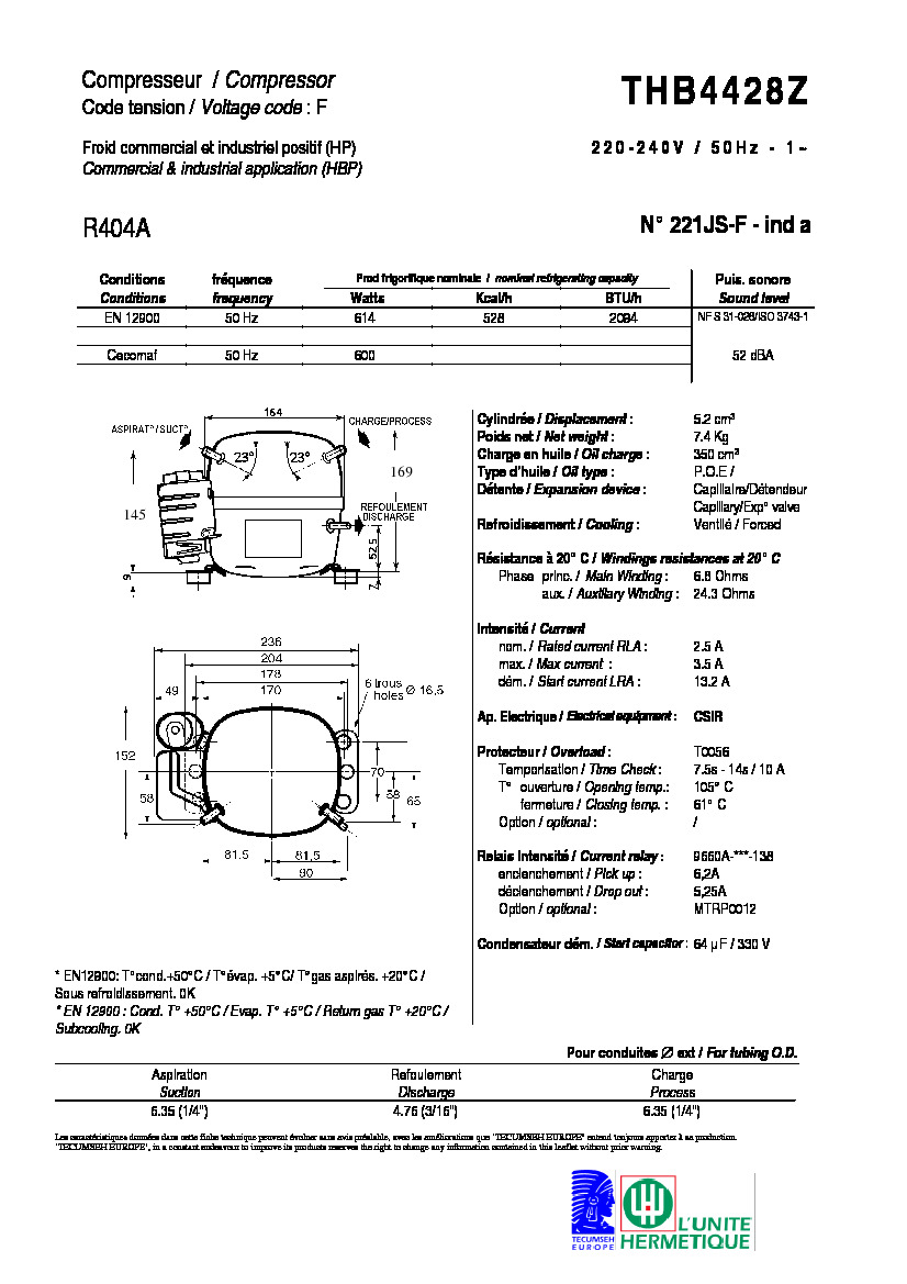 Технические характеристики и размеры компрессора Tecumseh THB4438Z