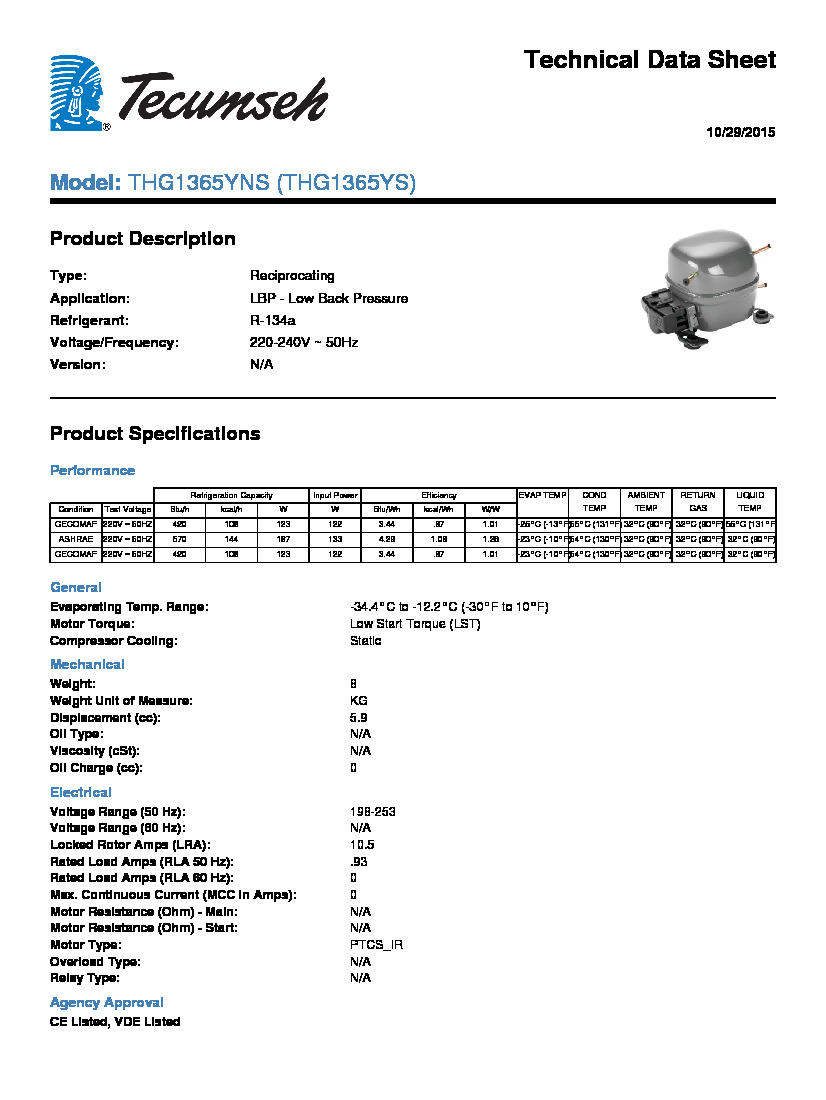 Технические характеристики и размеры компрессора Tecumseh THG1365Y