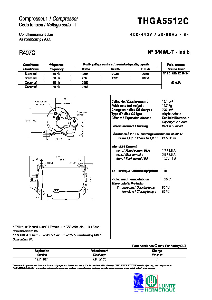 Технические характеристики и размеры компрессора Tecumseh THGA5512C