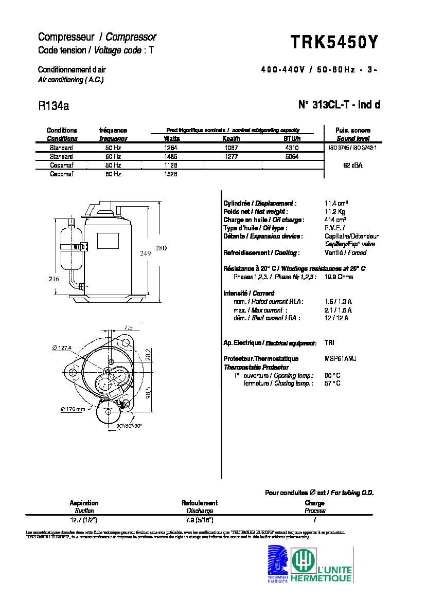Технические характеристики и размеры компрессора Tecumseh TRK5450Y