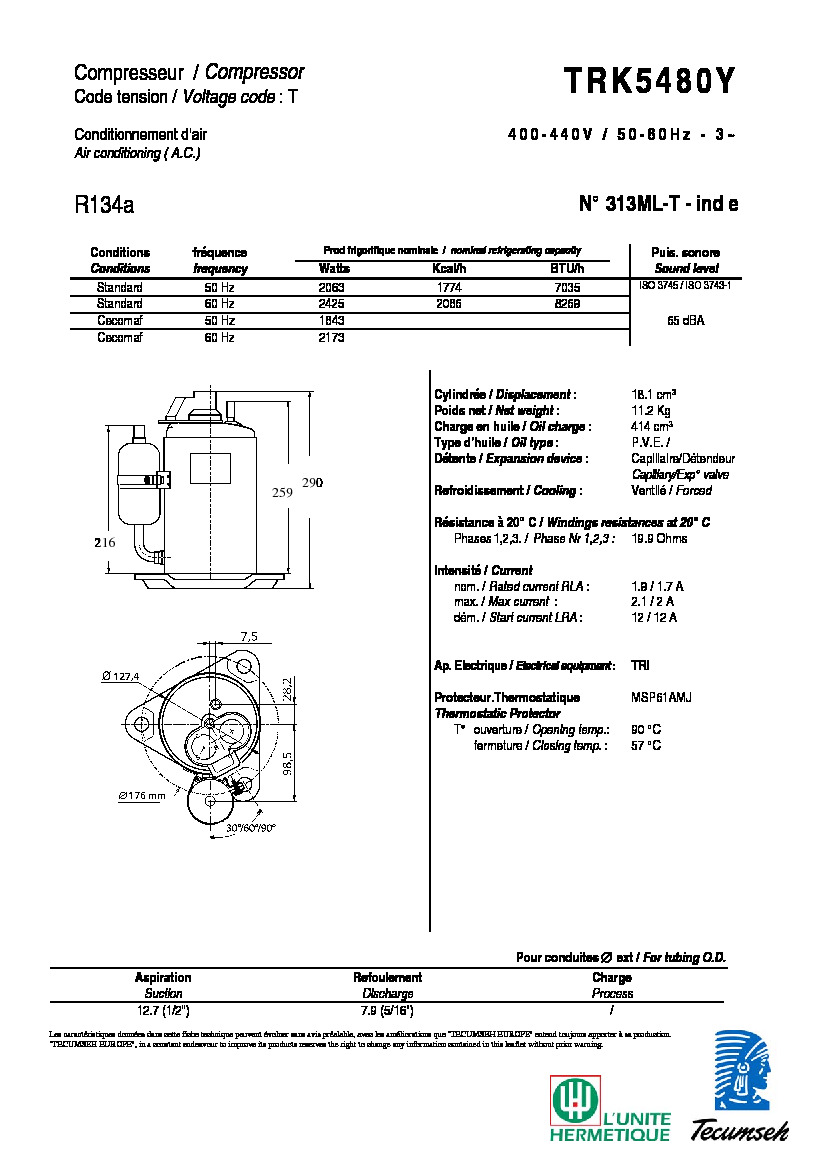 Технические характеристики и размеры компрессора Tecumseh TRK5480Y