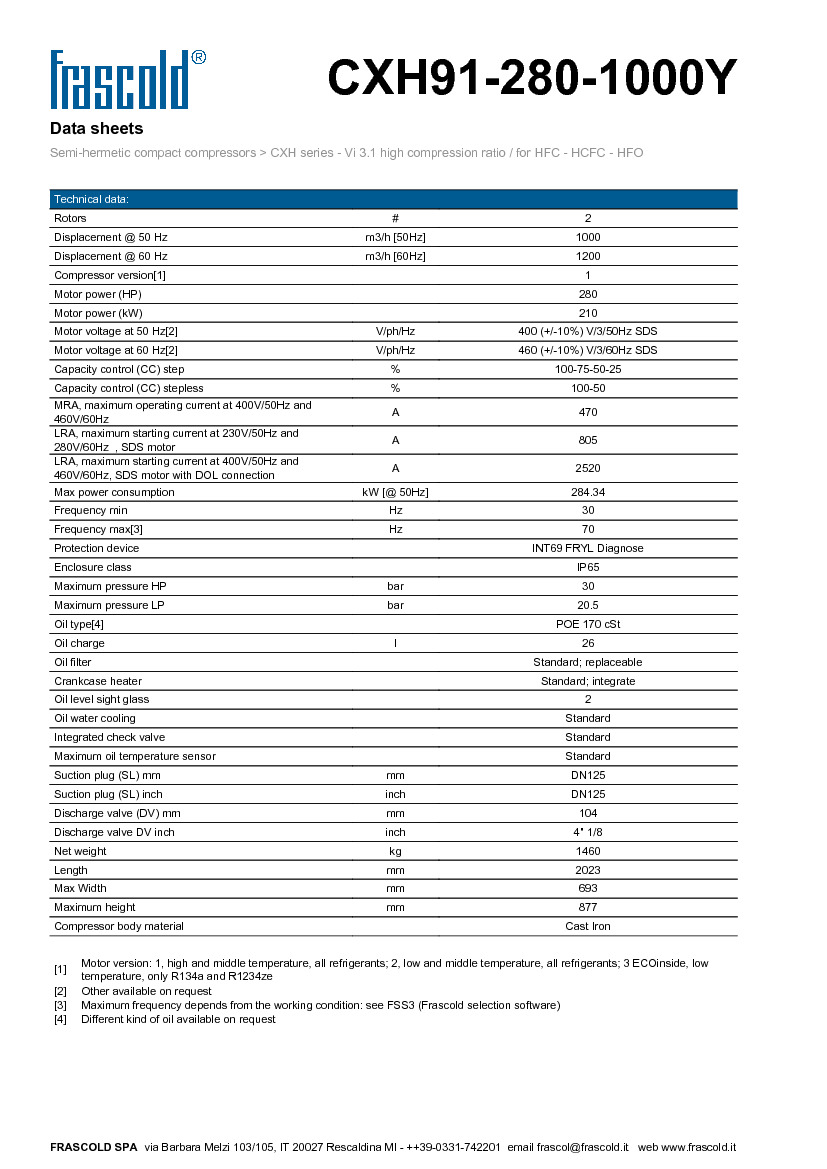 Технические характеристики и размеры винтового компрессора Frascold CXH91-280-1000Y 