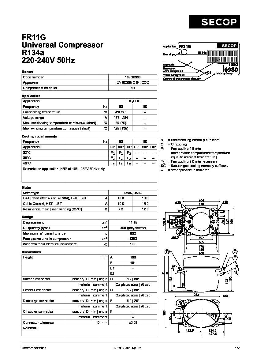 Технические характеристики и размеры герметичного поршневого компрессора Danfoss FR11G