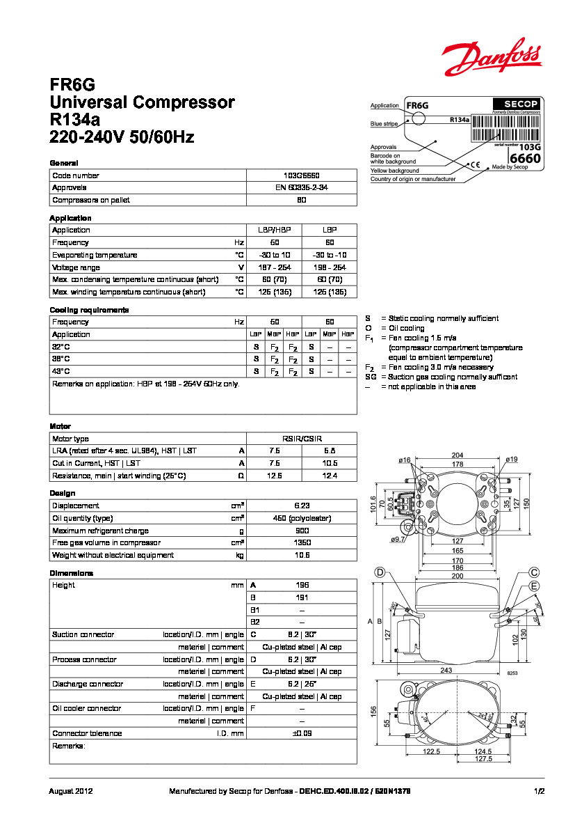 Технические характеристики и размеры герметичного поршневого компрессора Danfoss FR6G