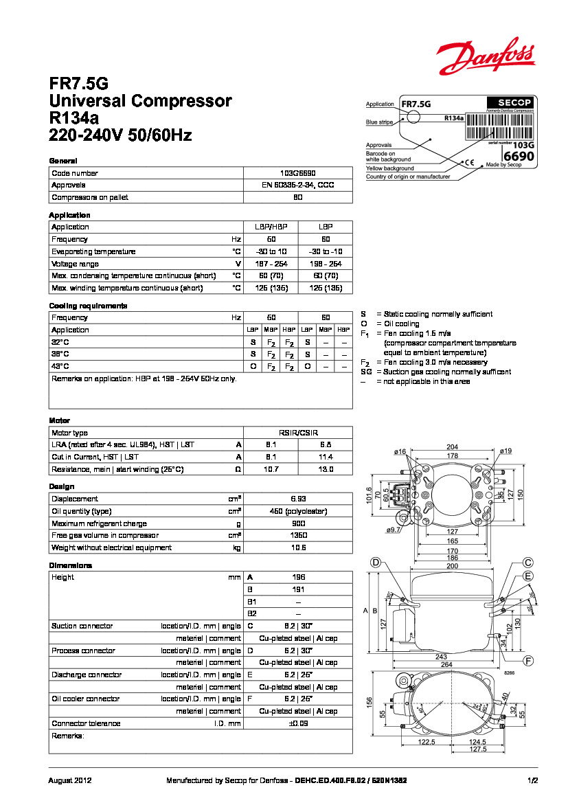 Технические характеристики и размеры герметичного поршневого компрессора Danfoss FR7.5G