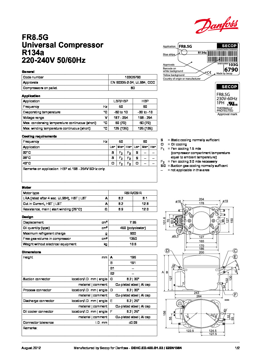 Технические характеристики и размеры герметичного поршневого компрессора Danfoss FR8.5G