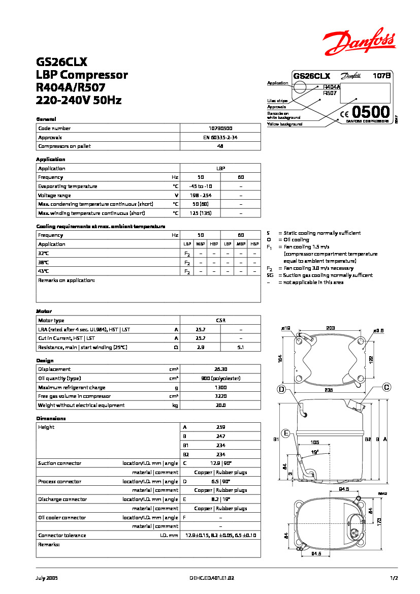 Технические характеристики и размеры герметичного поршневого компрессора Danfoss GS26CLX