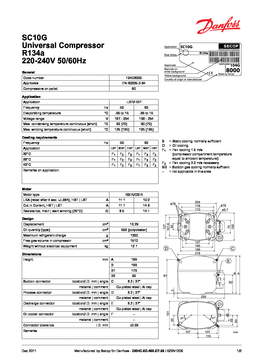 Технические характеристики и размеры герметичного поршневого компрессора Danfoss SC10G