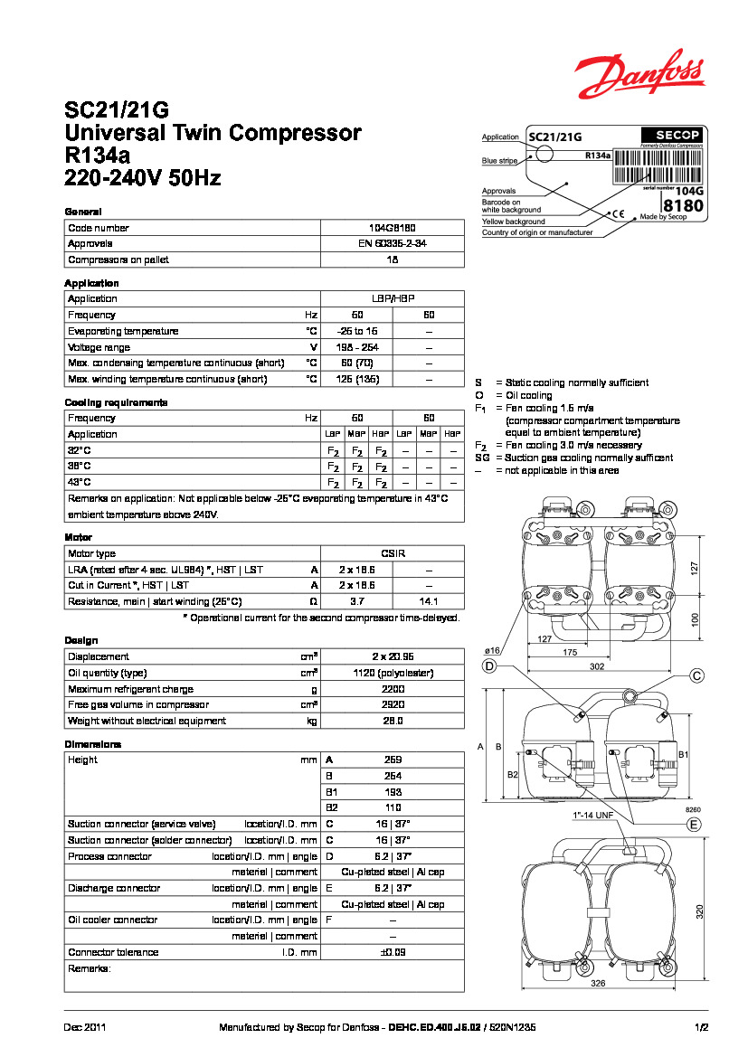 Технические характеристики и размеры герметичного поршневого компрессора Danfoss SC21