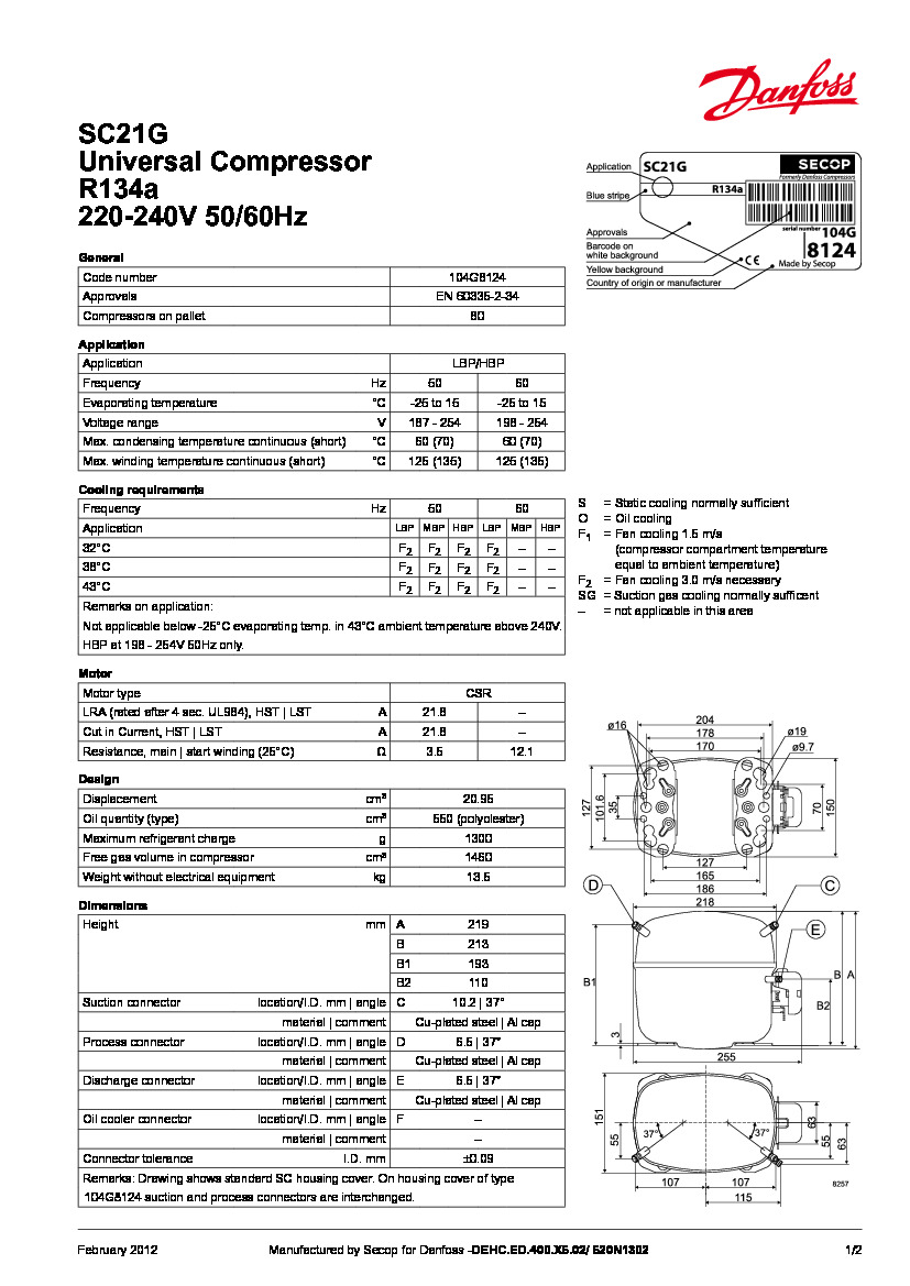 Технические характеристики и размеры герметичного поршневого компрессора Danfoss SC21G