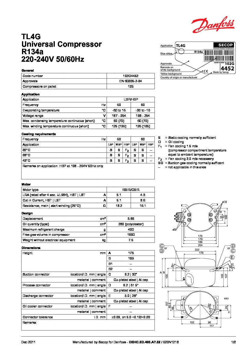 Технические характеристики и размеры герметичного поршневого компрессора Danfoss TL4G