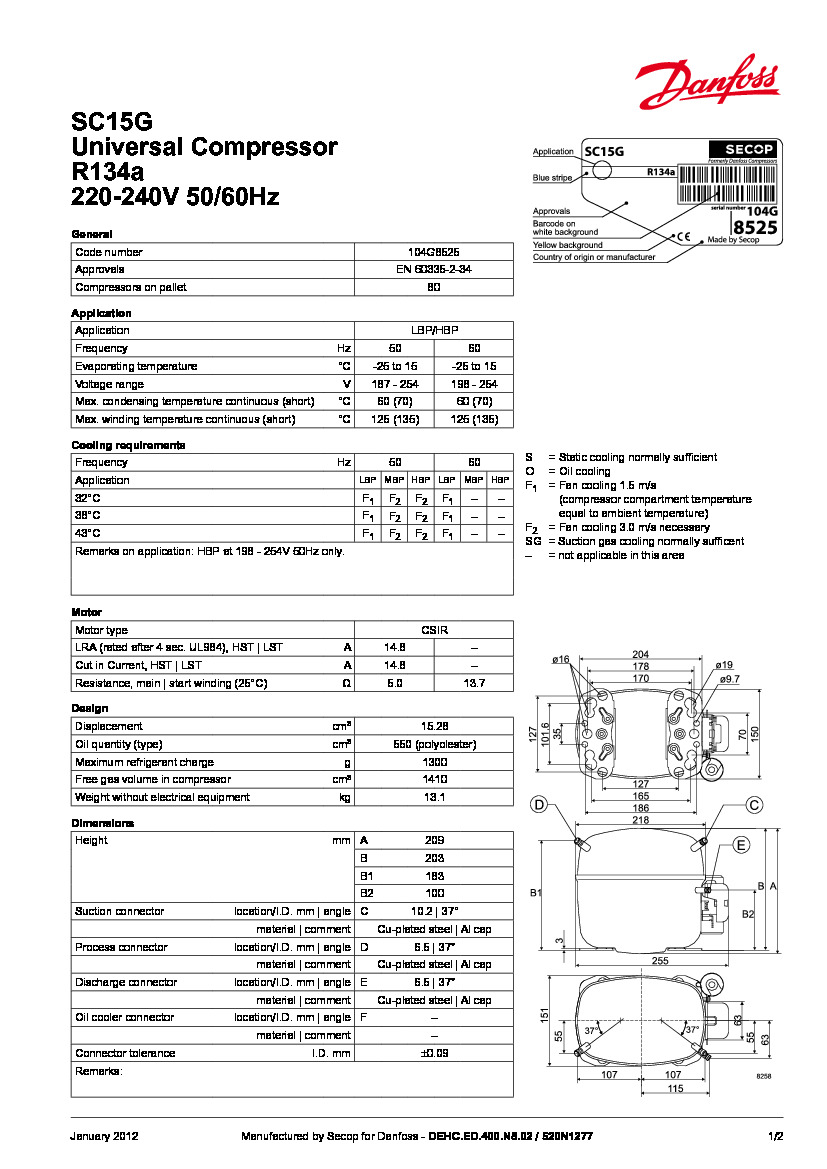 Технические характеристики и размеры герметичного поршневого компрессора Danfoss SC15G