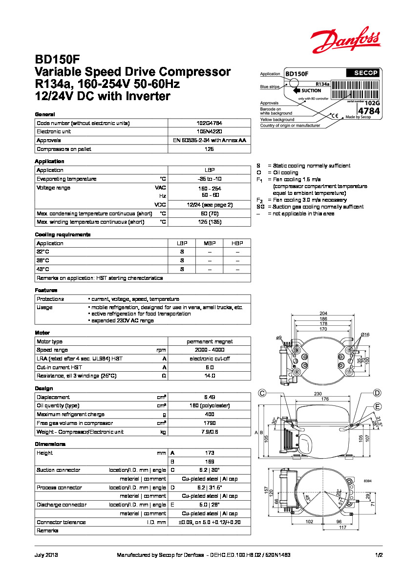 Технические характеристики и размеры герметичного поршневого компрессора постоянного тока (12-24В) Danfoss BD150F