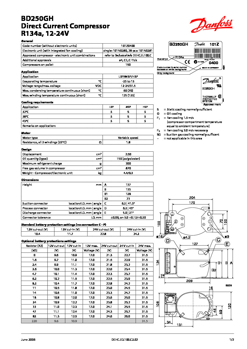 Технические характеристики и размеры герметичного поршневого компрессора постоянного тока (12-24В) Danfoss BD250GH