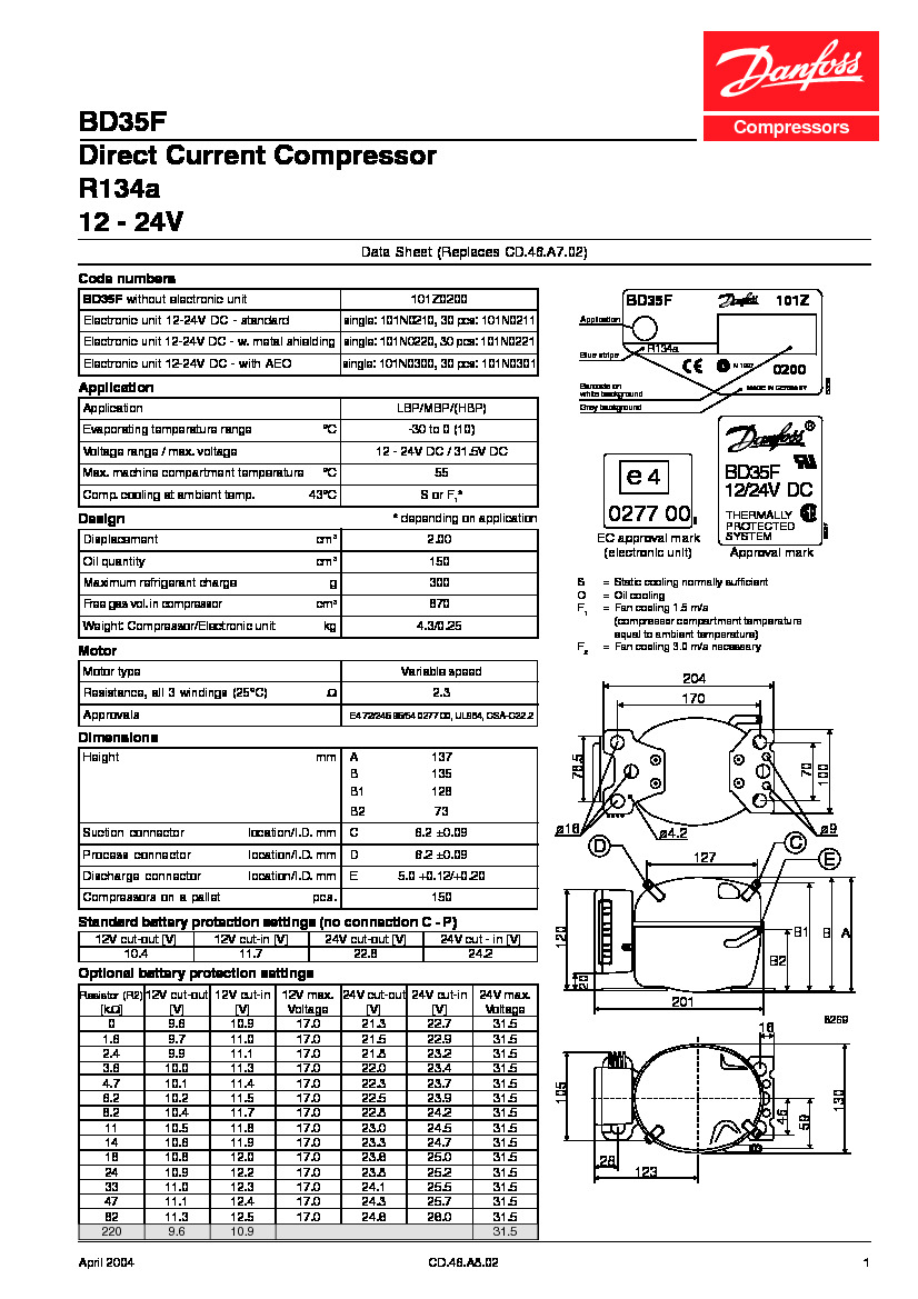 Технические характеристики и размеры герметичного поршневого компрессора постоянного тока (12-24В) Danfoss BD35F