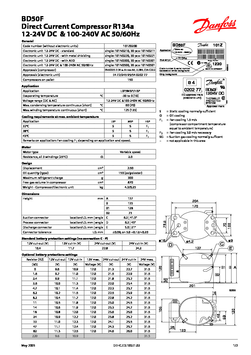 Технические характеристики и размеры герметичного поршневого компрессора постоянного тока (12-24В) Danfoss BD50F