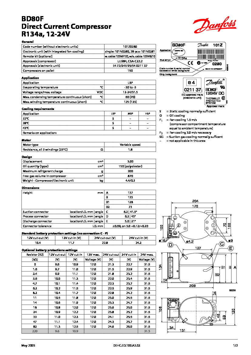 Технические характеристики и размеры герметичного поршневого компрессора постоянного тока (12-24В) Danfoss BD80F