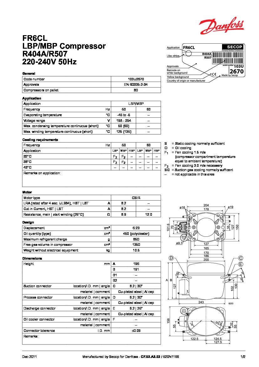Технические характеристики и размеры герметичного поршневого компрессора Danfoss FR6CL