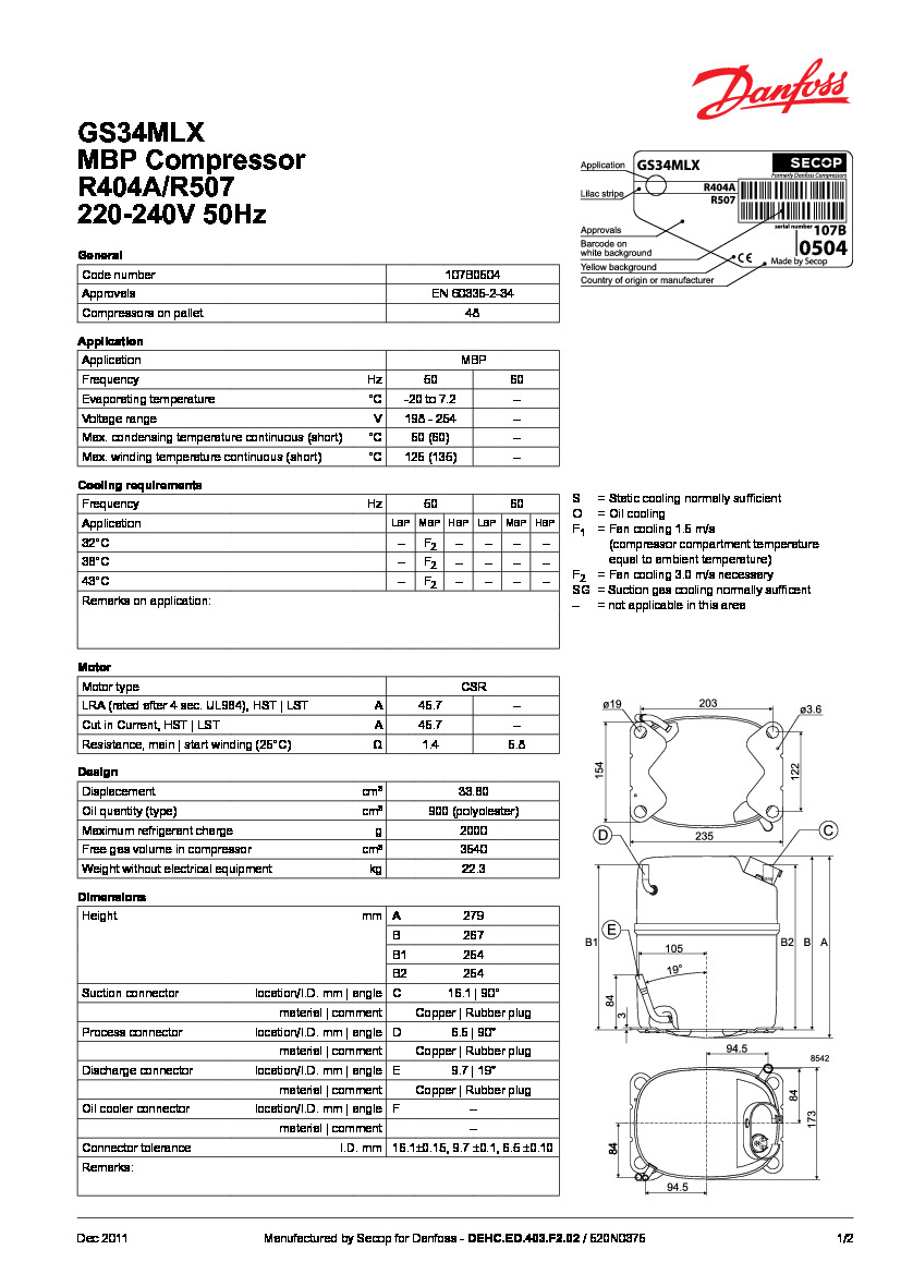 Технические характеристики и размеры герметичного поршневого компрессора Danfoss GS34MLX