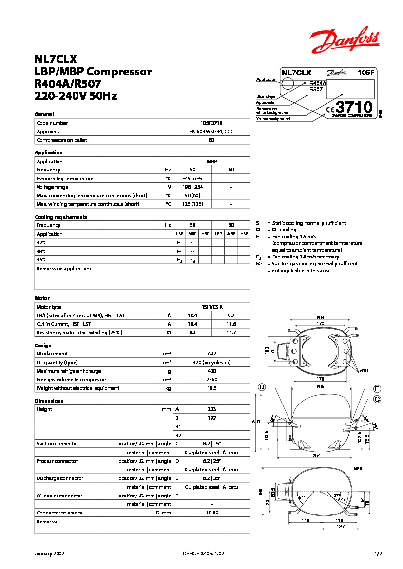 Технические характеристики и размеры герметичного поршневого компрессора Danfoss NL7CLX