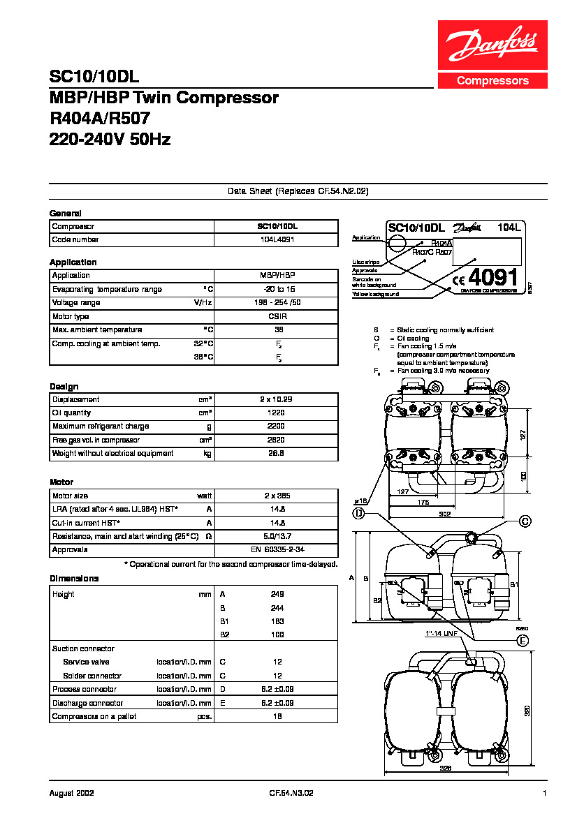 Технические характеристики и размеры герметичного поршневого компрессора Danfoss SC10