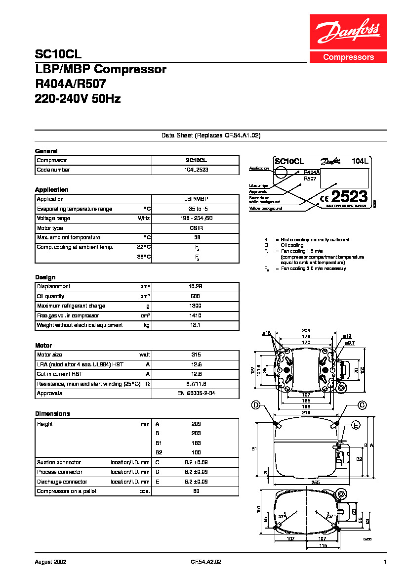 Технические характеристики и размеры герметичного поршневого компрессора Danfoss SC10CL