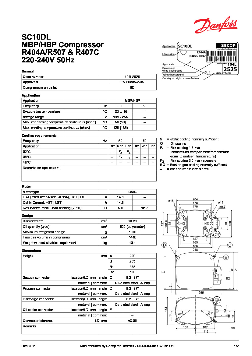 Технические характеристики и размеры герметичного поршневого компрессора Danfoss SC10DL