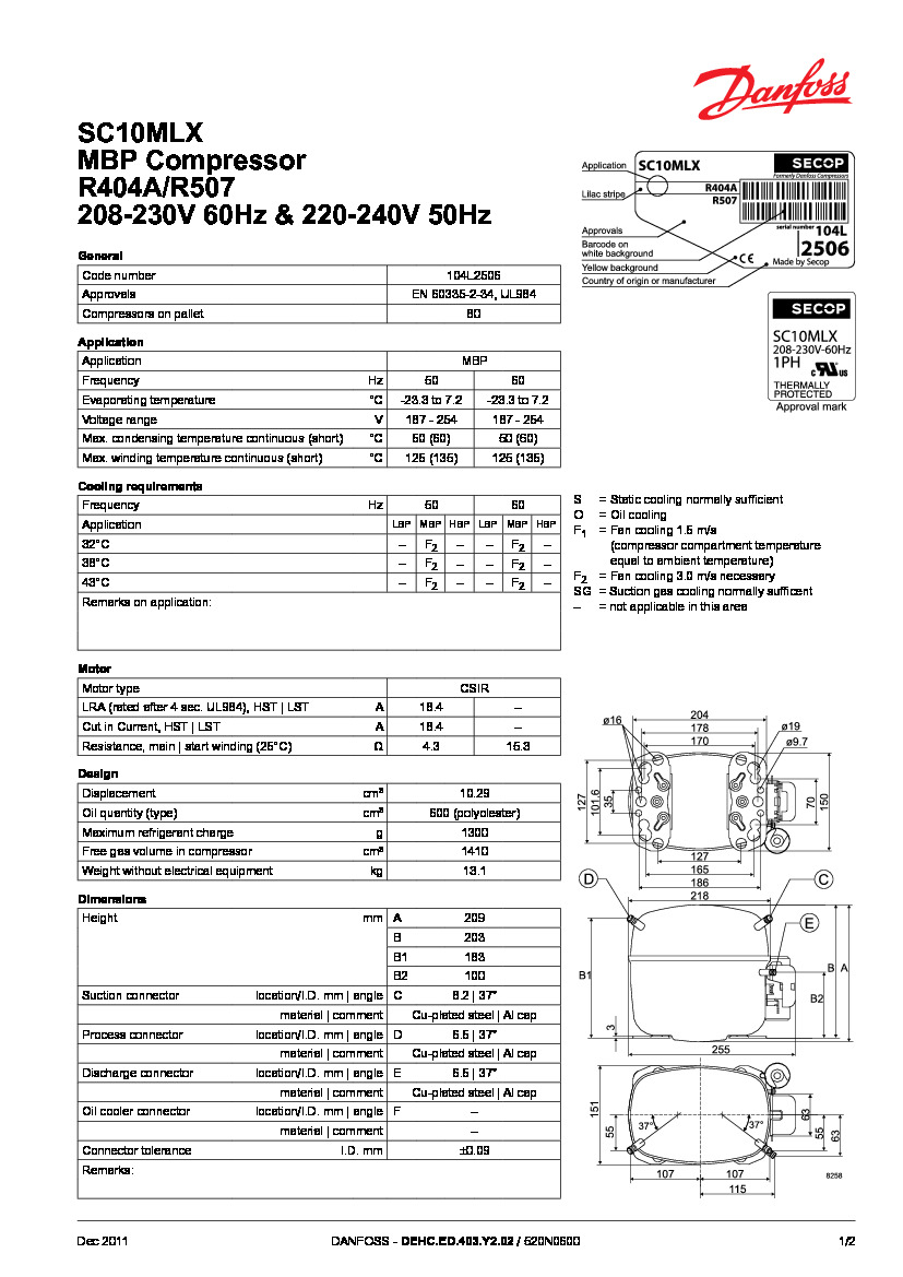 Технические характеристики и размеры герметичного поршневого компрессора Danfoss SC10MLX