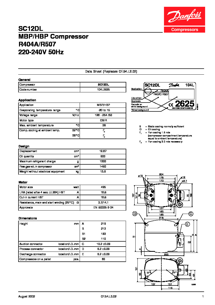 Технические характеристики и размеры герметичного поршневого компрессора Danfoss SC12DL