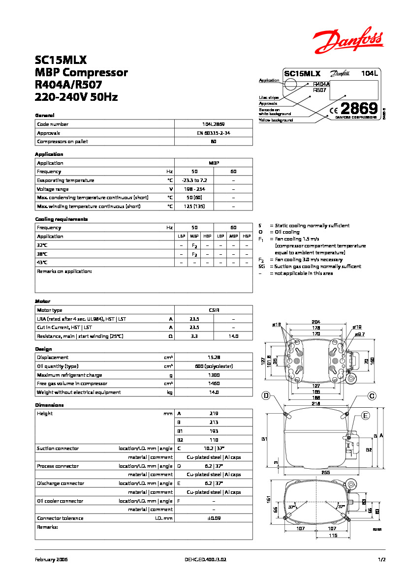 Технические характеристики и размеры герметичного поршневого компрессора Danfoss SC15MLX