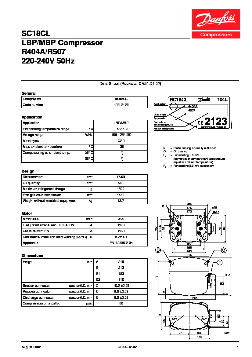 Технические характеристики и размеры герметичного поршневого компрессора Danfoss SC18CL
