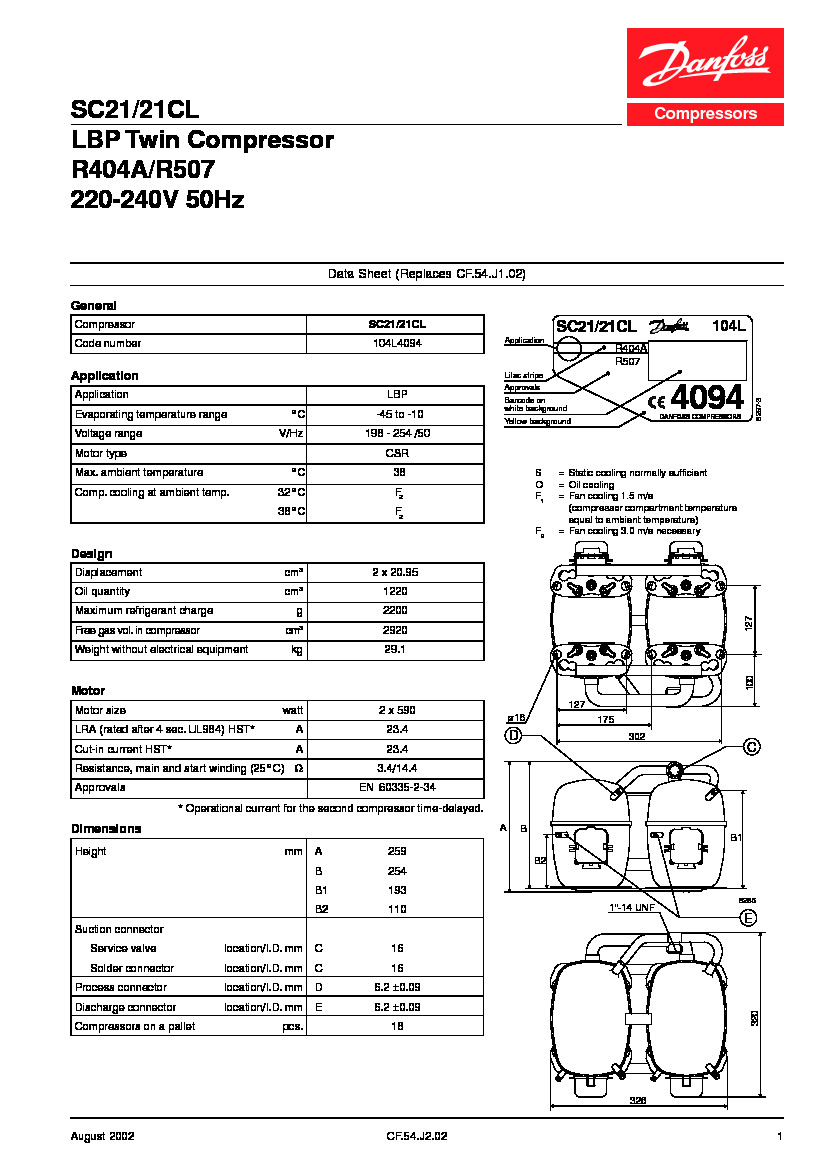 Технические характеристики и размеры герметичного поршневого компрессора Danfoss SC21