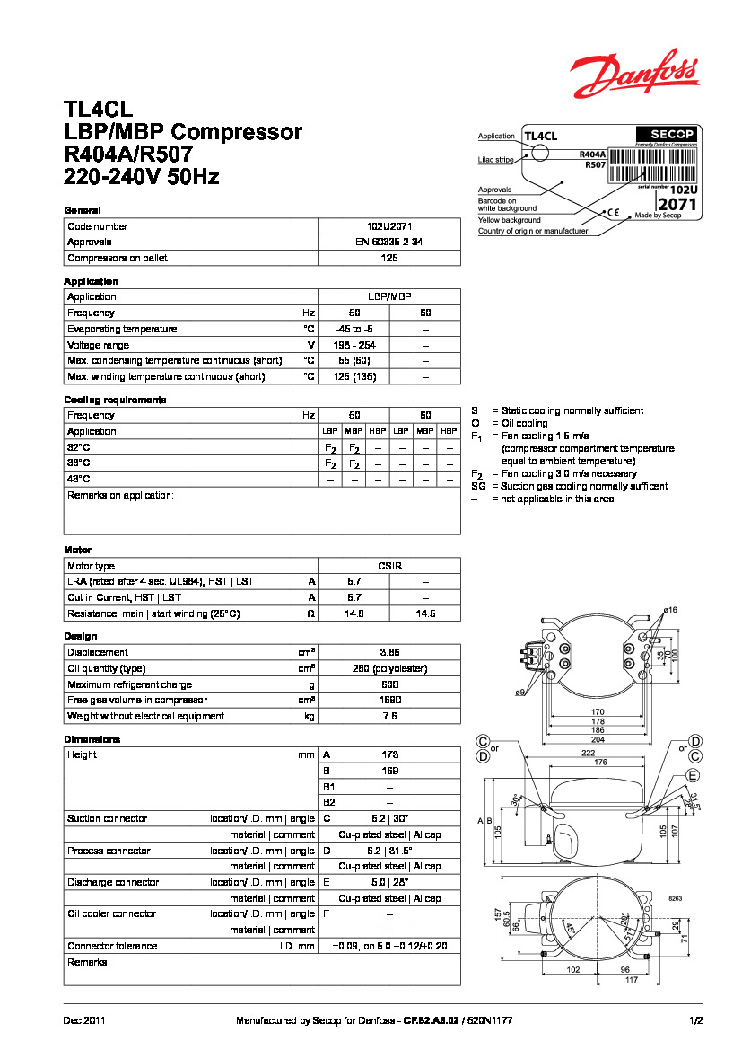 Технические характеристики и размеры герметичного поршневого компрессора Danfoss TL4CL