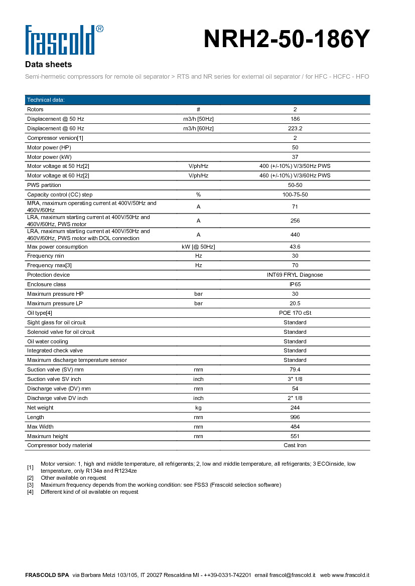 Технические характеристики и размеры винтового компрессора Frascold NRH2-50-186Y