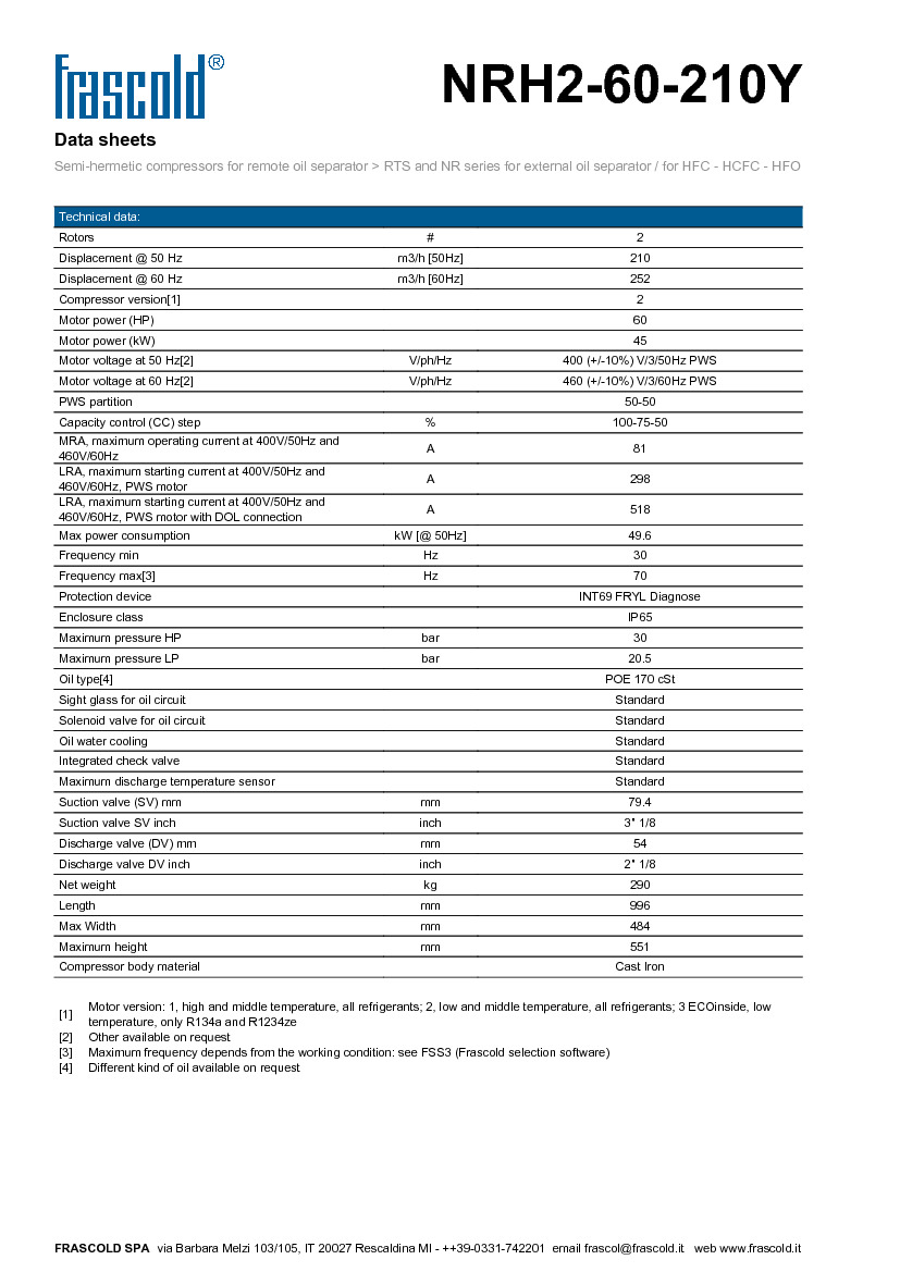 Технические характеристики и размеры винтового компрессора Frascold NRH2-60-210Y