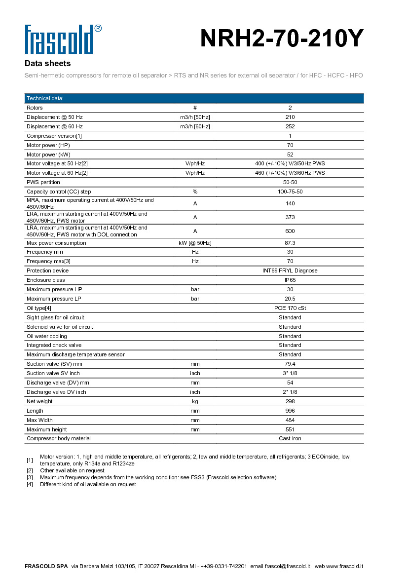 Технические характеристики и размеры винтового компрессора Frascold NRH2-70-210Y